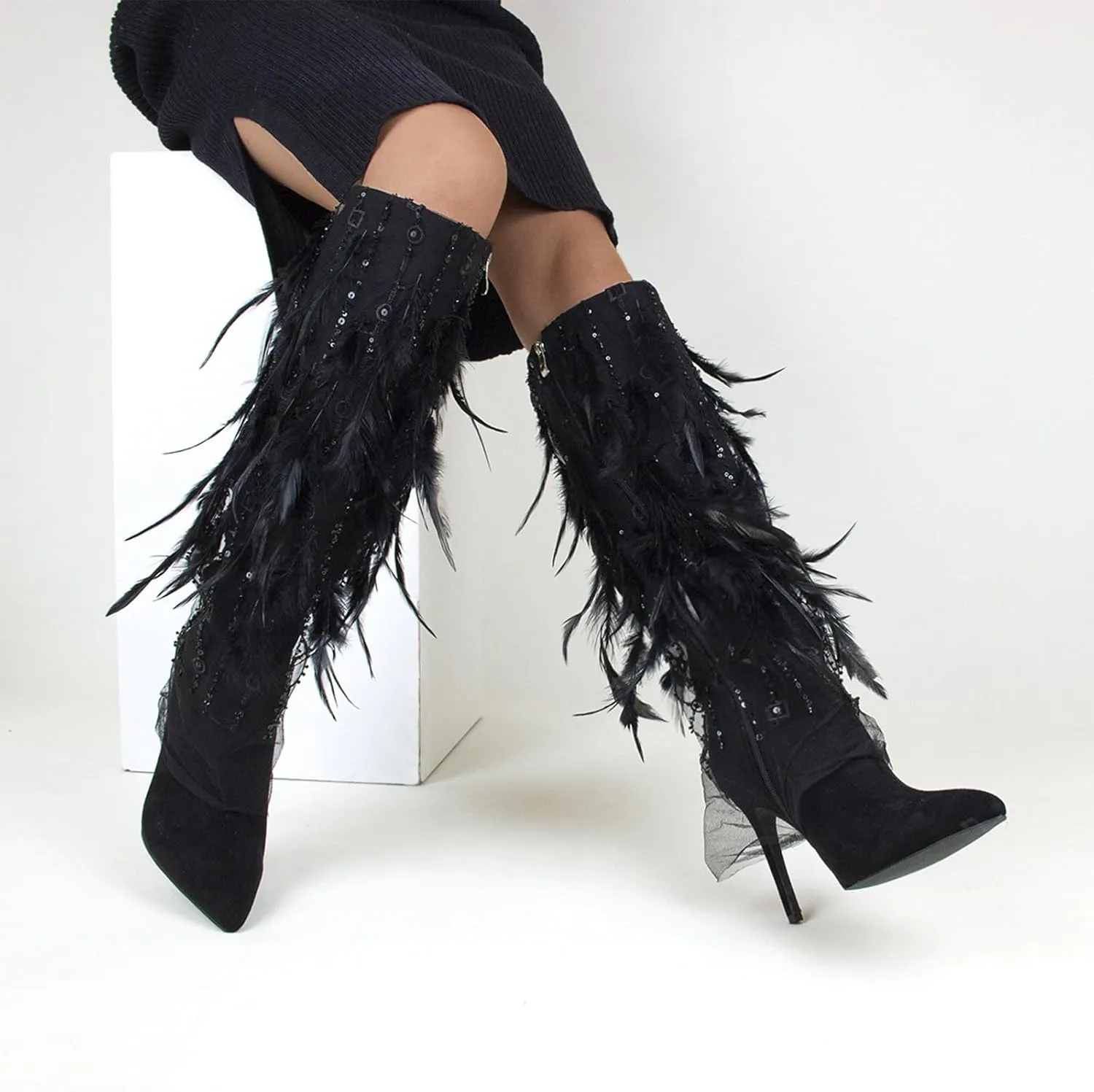 High Heel Boots,Comfortable Stiletto Boots with Rhinestone Sequins,Feather Decorated Boots,Suitable for All Occasions