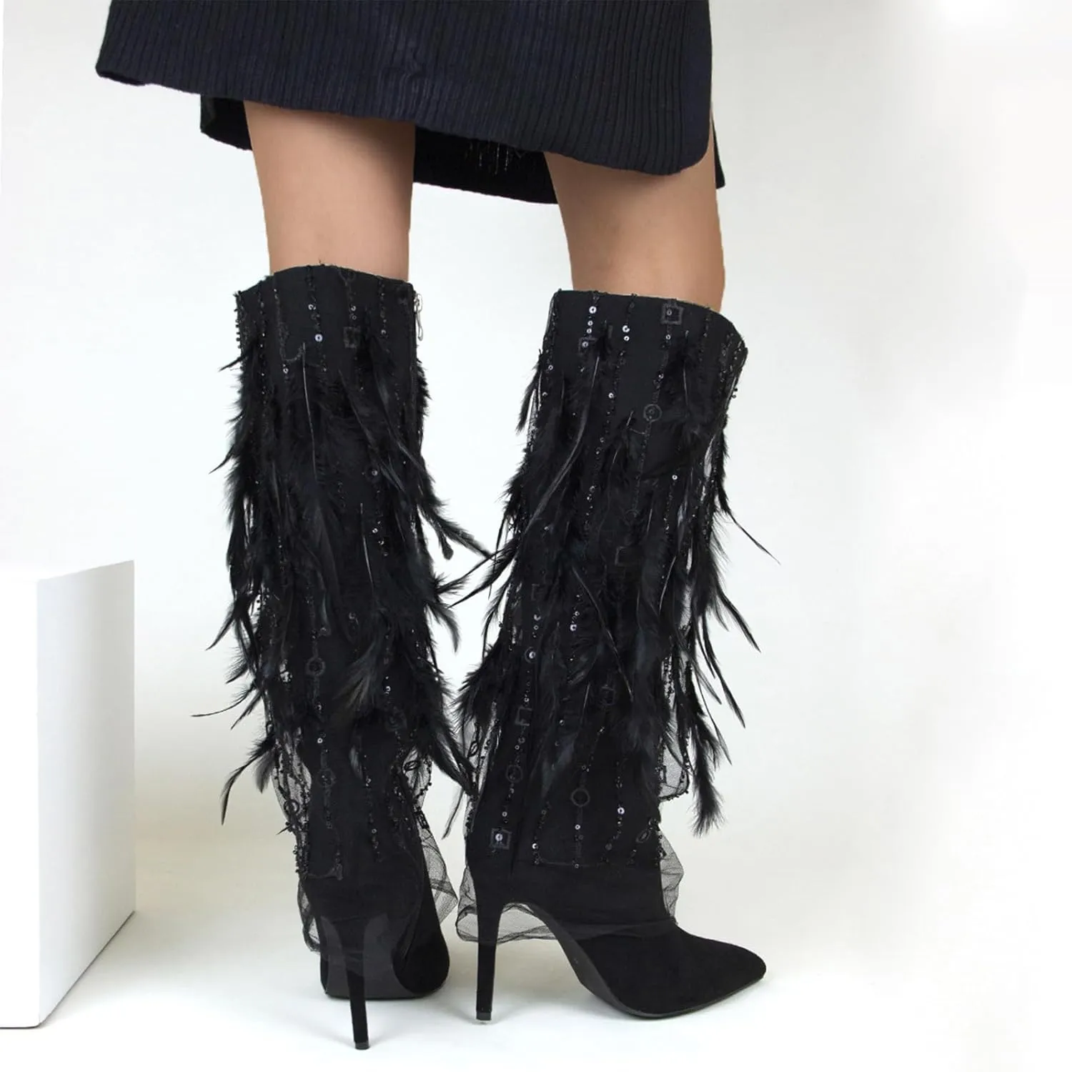 High Heel Boots,Comfortable Stiletto Boots with Rhinestone Sequins,Feather Decorated Boots,Suitable for All Occasions