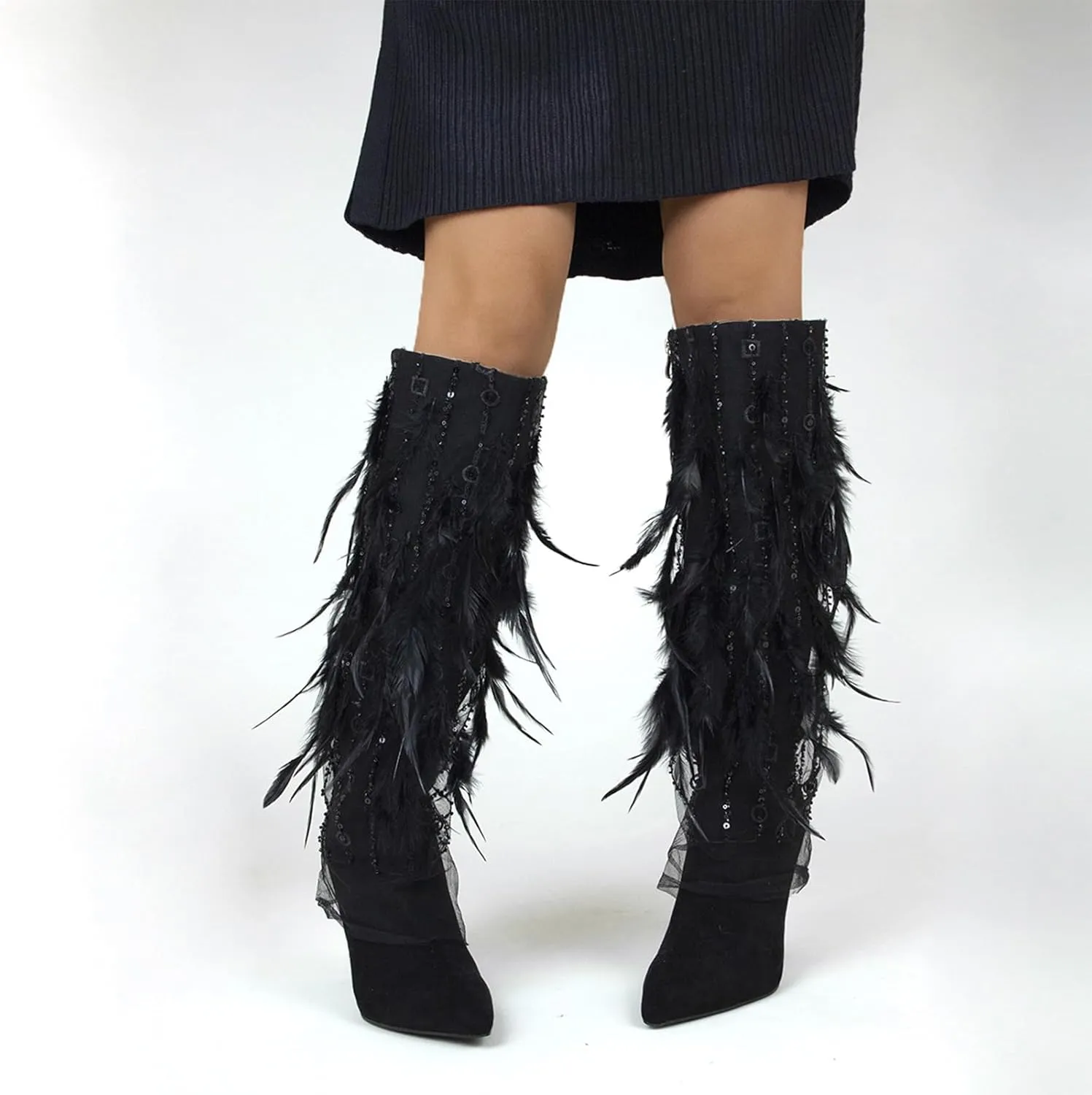 High Heel Boots,Comfortable Stiletto Boots with Rhinestone Sequins,Feather Decorated Boots,Suitable for All Occasions