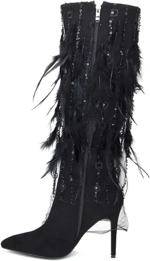 High Heel Boots,Comfortable Stiletto Boots with Rhinestone Sequins,Feather Decorated Boots,Suitable for All Occasions