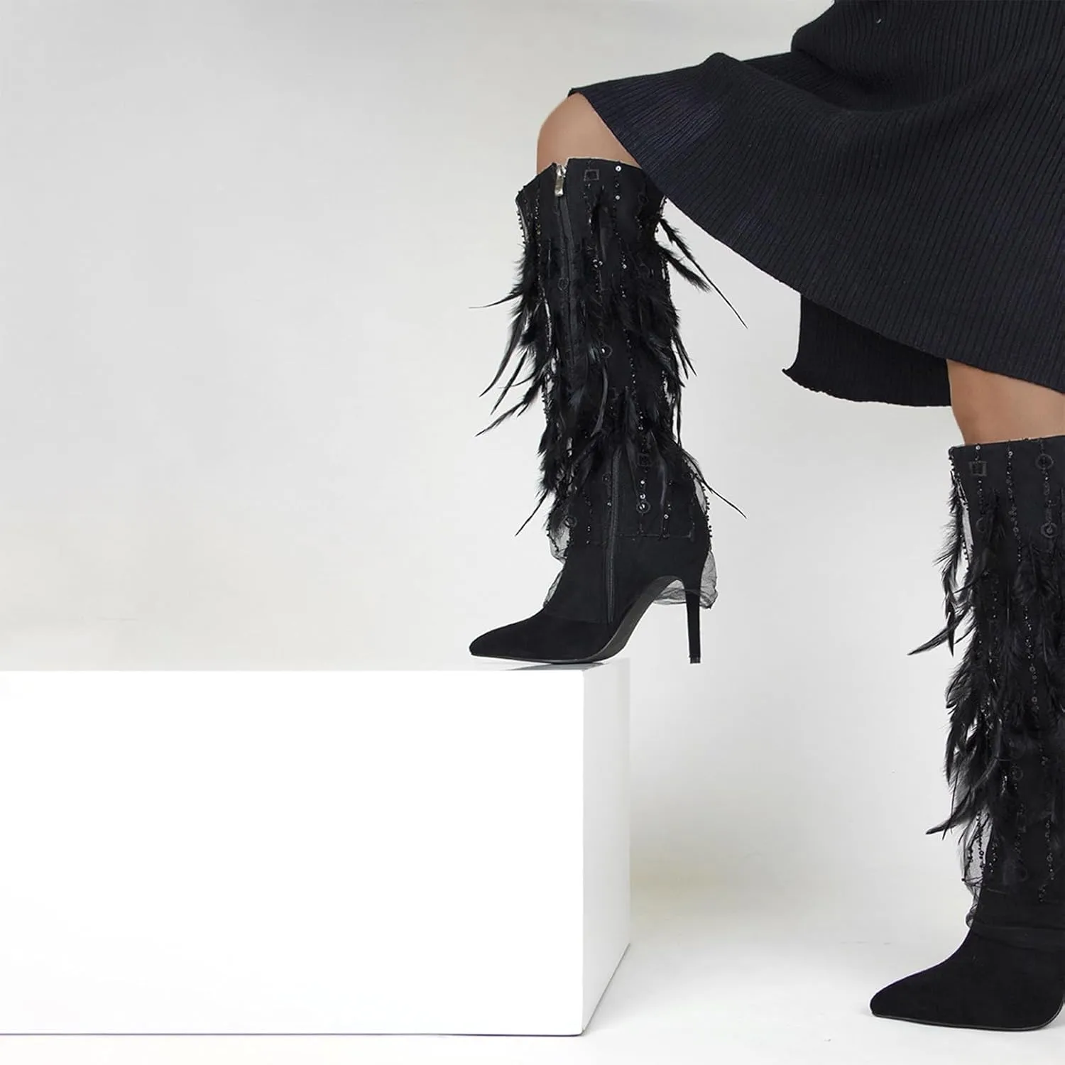 High Heel Boots,Comfortable Stiletto Boots with Rhinestone Sequins,Feather Decorated Boots,Suitable for All Occasions