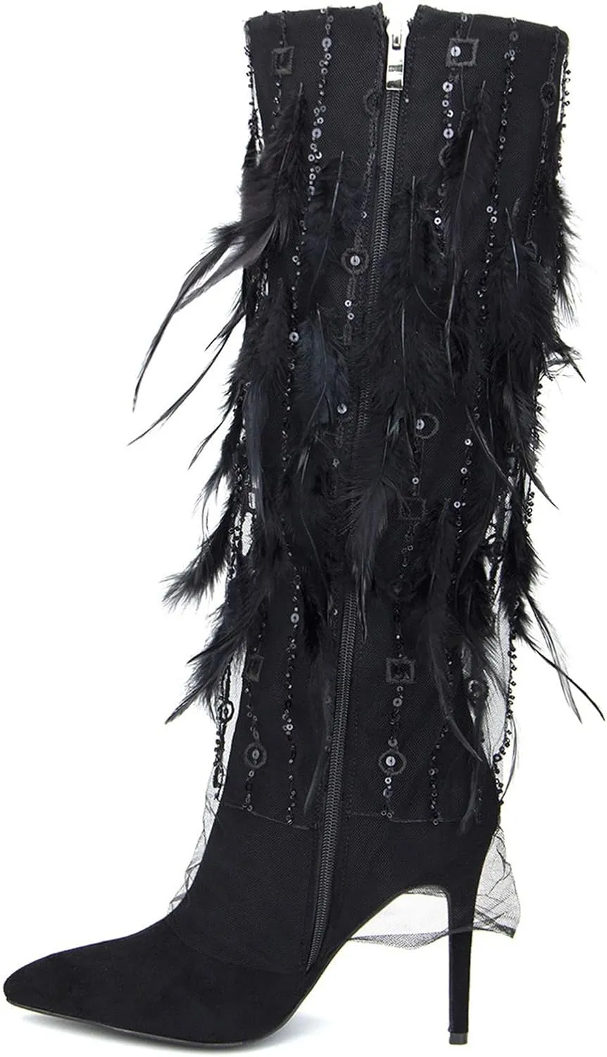 High Heel Boots,Comfortable Stiletto Boots with Rhinestone Sequins,Feather Decorated Boots,Suitable for All Occasions