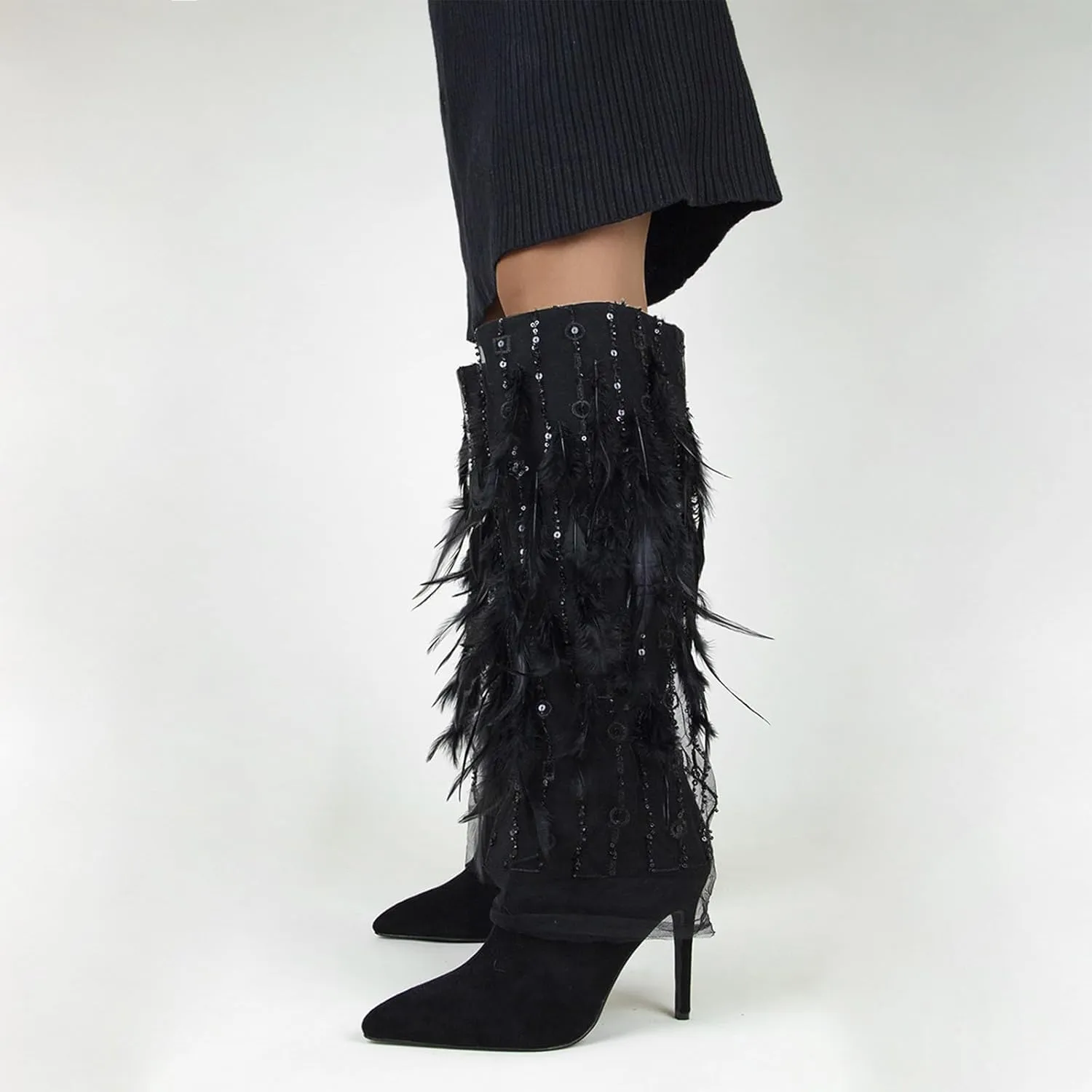 High Heel Boots,Comfortable Stiletto Boots with Rhinestone Sequins,Feather Decorated Boots,Suitable for All Occasions