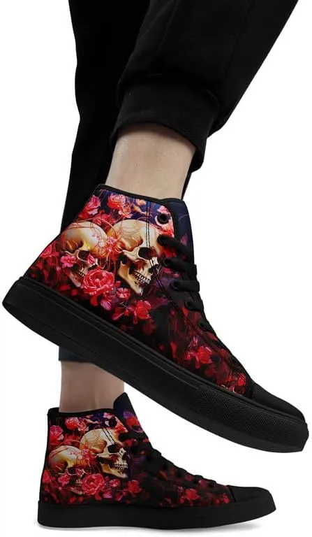 High-top Skull Canvas Sneaker for Men Women Lace up Fashion Unisex Flame Walking Casual Flat Shoes Black White Shoes
