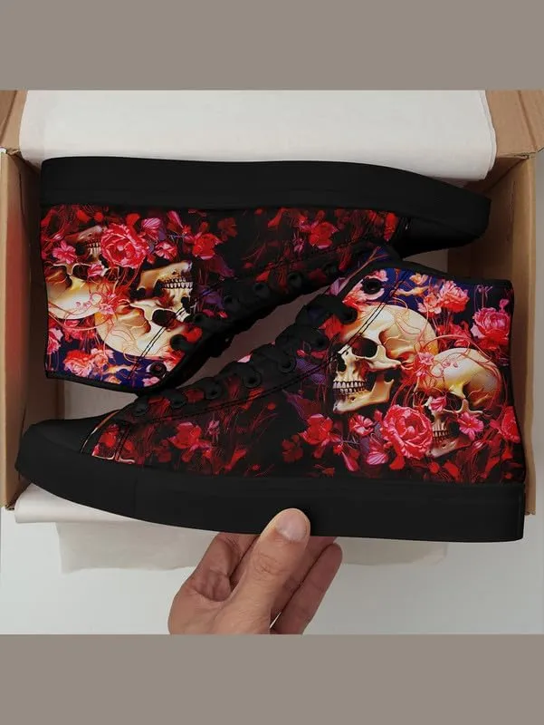 High-top Skull Canvas Sneaker for Men Women Lace up Fashion Unisex Flame Walking Casual Flat Shoes Black White Shoes
