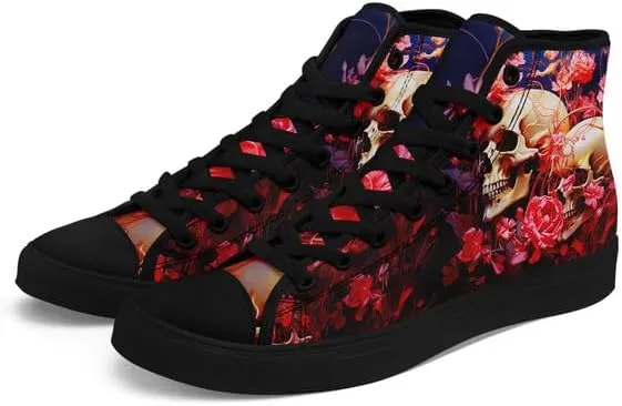 High-top Skull Canvas Sneaker for Men Women Lace up Fashion Unisex Flame Walking Casual Flat Shoes Black White Shoes
