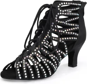 HIPPOSEUS Women's Rhinestone Latin Dance Boots Lace up Ballroom Salsa Dance Heels Ankle Dancing Booties