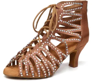 HIPPOSEUS Women's Rhinestone Latin Dance Boots Lace up Ballroom Salsa Dance Heels Ankle Dancing Booties