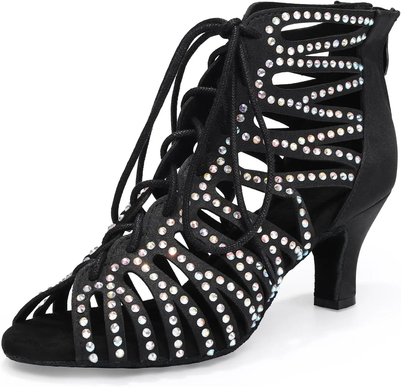 HIPPOSEUS Women's Rhinestone Latin Dance Boots Lace up Ballroom Salsa Dance Heels Ankle Dancing Booties