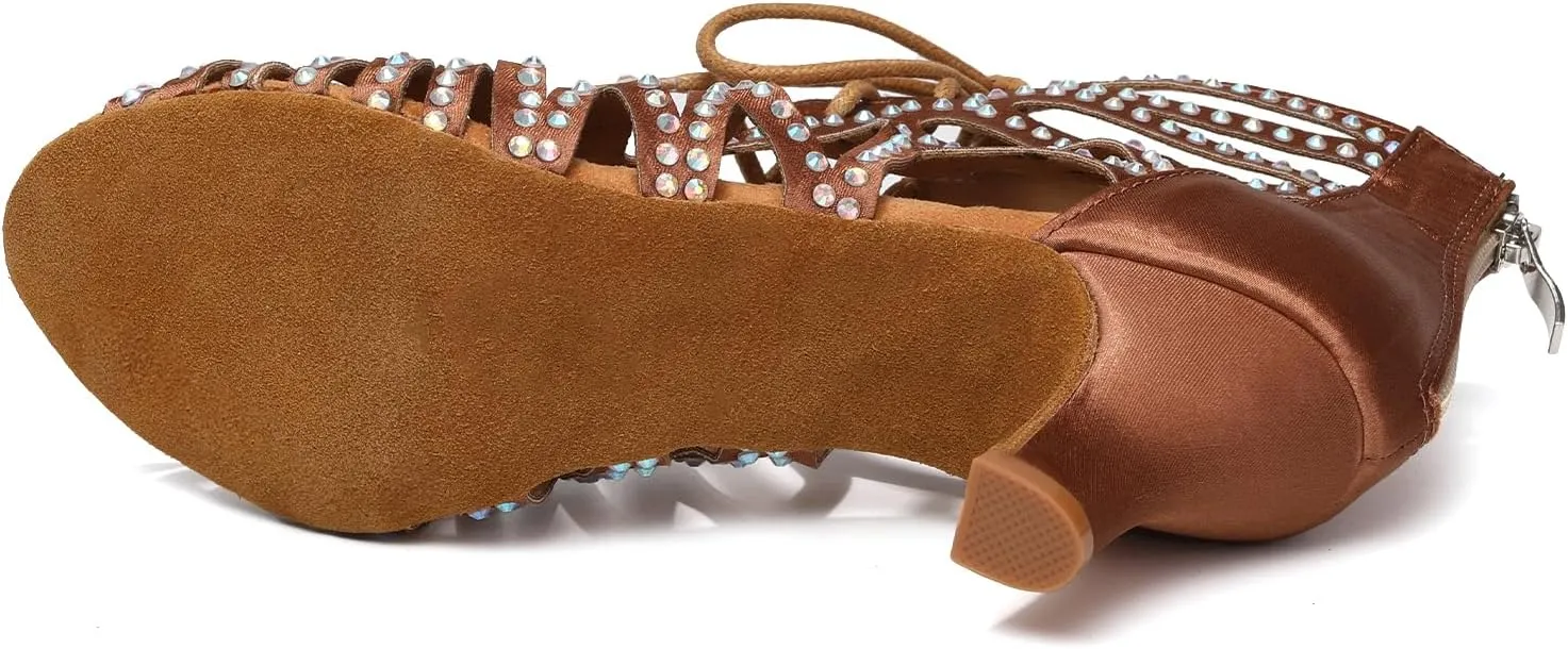 HIPPOSEUS Women's Rhinestone Latin Dance Boots Lace up Ballroom Salsa Dance Heels Ankle Dancing Booties