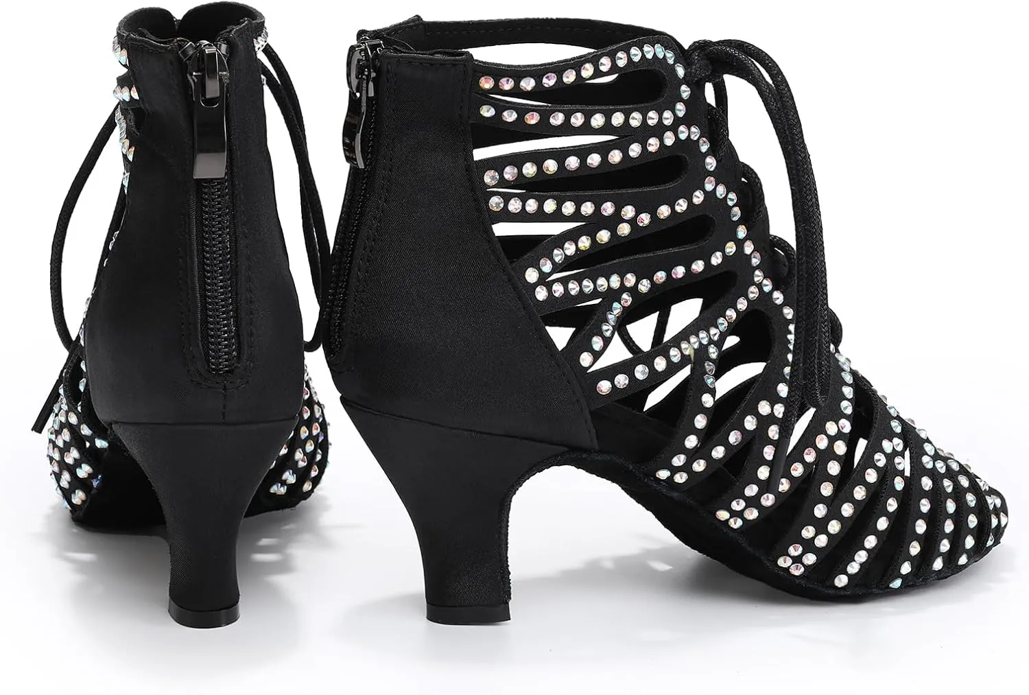 HIPPOSEUS Women's Rhinestone Latin Dance Boots Lace up Ballroom Salsa Dance Heels Ankle Dancing Booties