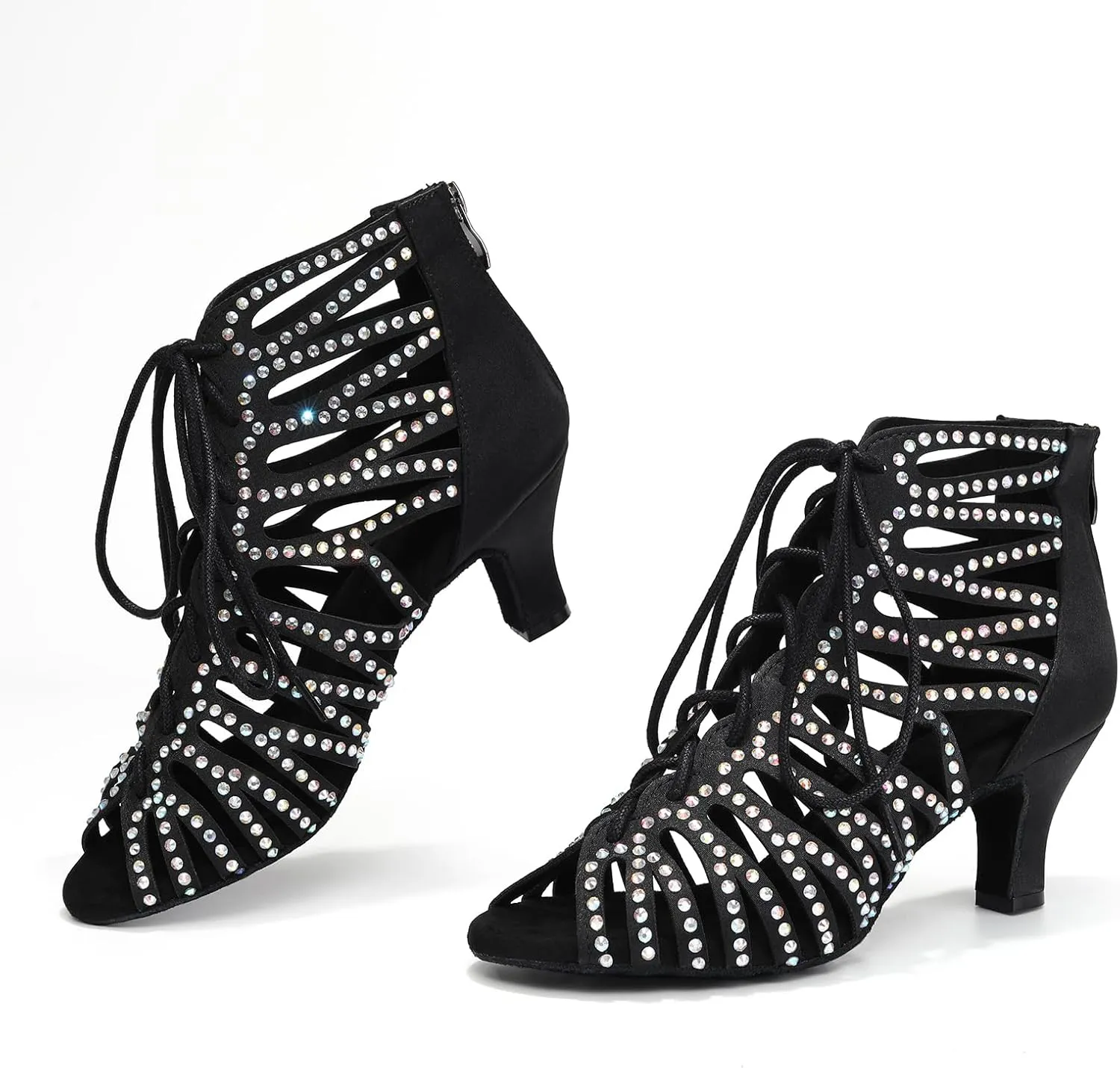 HIPPOSEUS Women's Rhinestone Latin Dance Boots Lace up Ballroom Salsa Dance Heels Ankle Dancing Booties