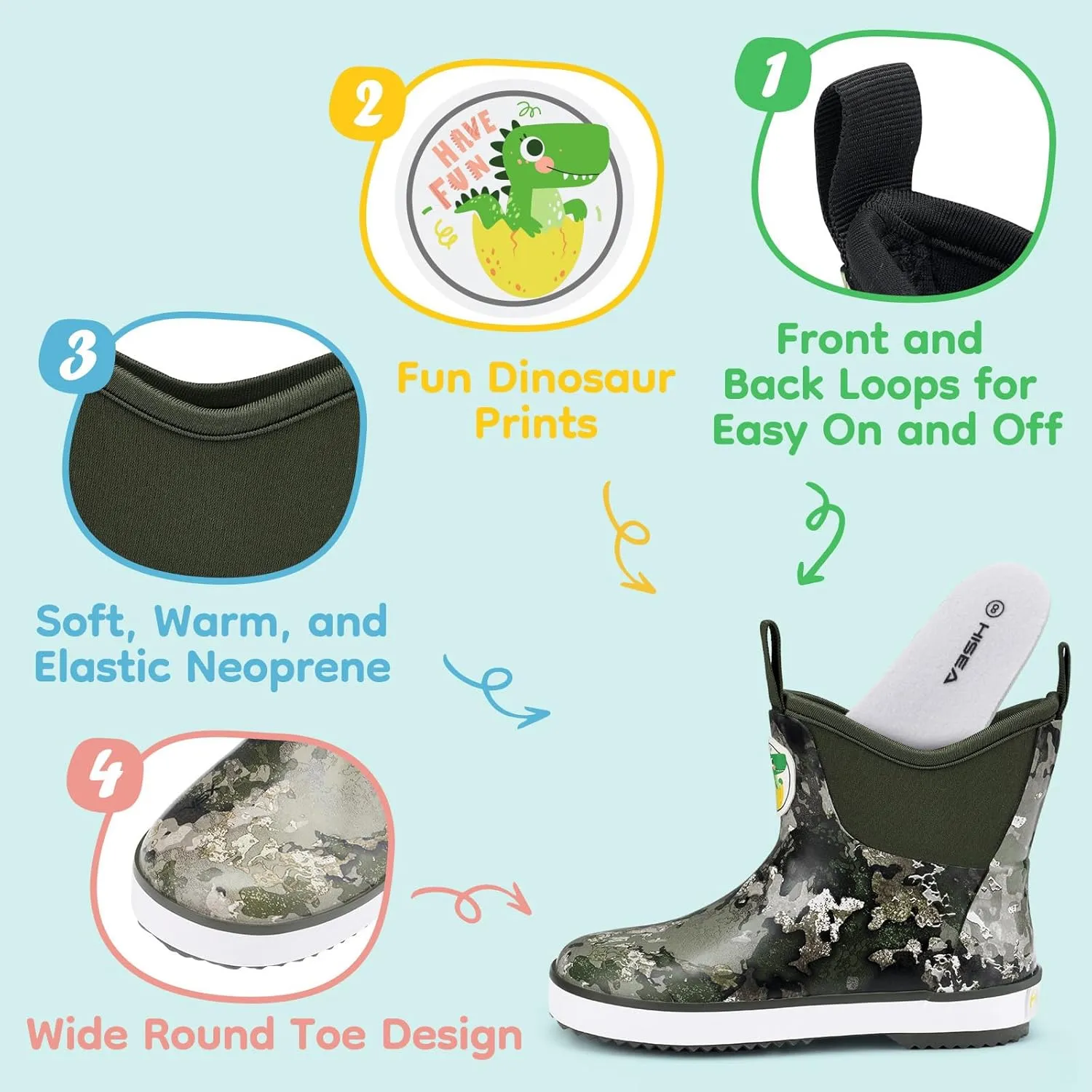 HISEA Kid's Deck Boots Waterproof Lightweight Ankle Rain Boots for Boys Girls Rubber Boots Non-slip Child Rain Shoes