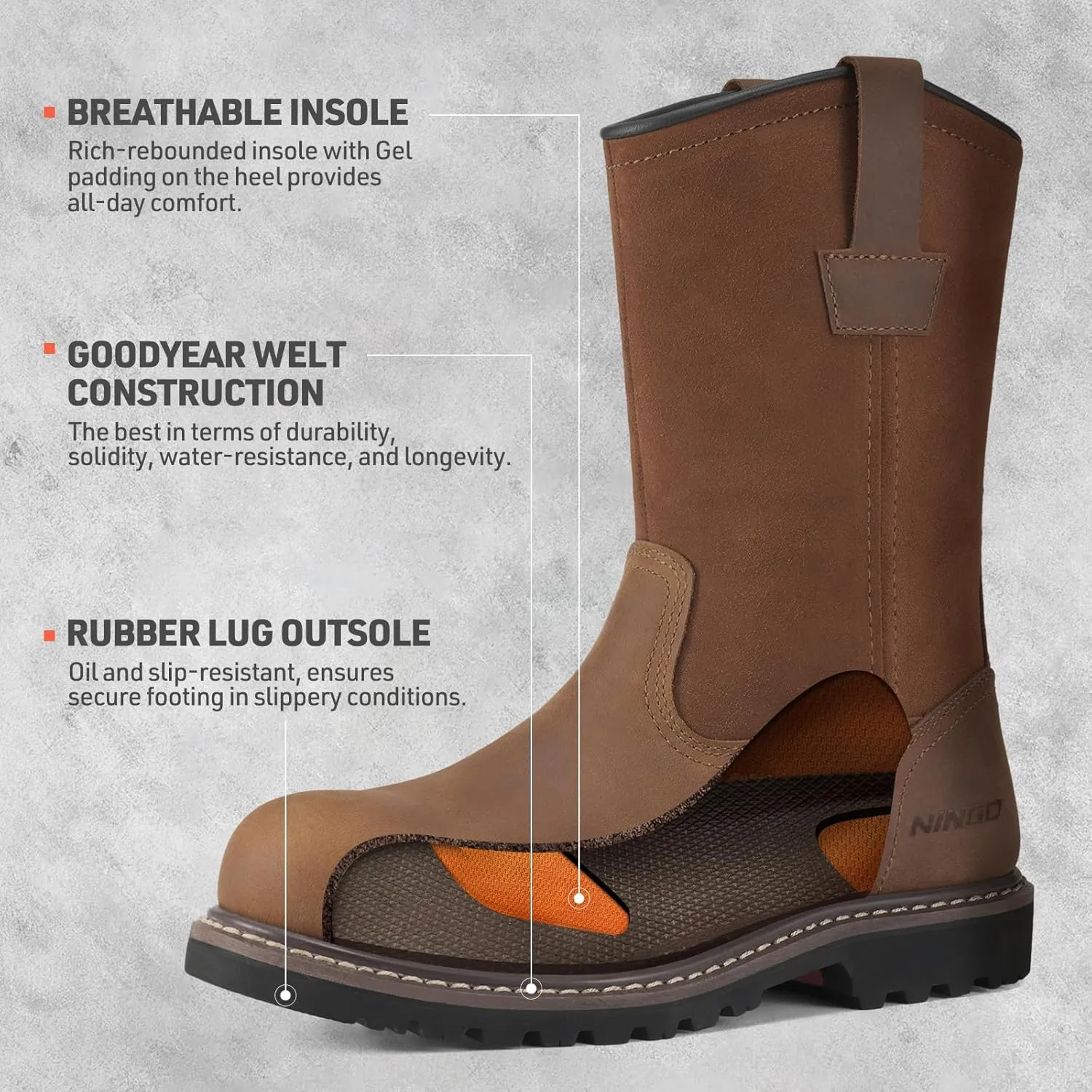 HISEA NINGO Mens Steel/Soft Toe Work Boots, 100% Waterproof Wellington Boots Shoes with Full-grain Leather, Oil Slip Resistant, Hazard Protection, Pull on Work Boots for Men, for Construction, Farming