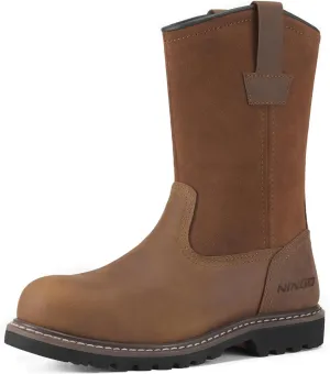 HISEA NINGO Mens Steel/Soft Toe Work Boots, 100% Waterproof Wellington Boots Shoes with Full-grain Leather, Oil Slip Resistant, Hazard Protection, Pull on Work Boots for Men, for Construction, Farming