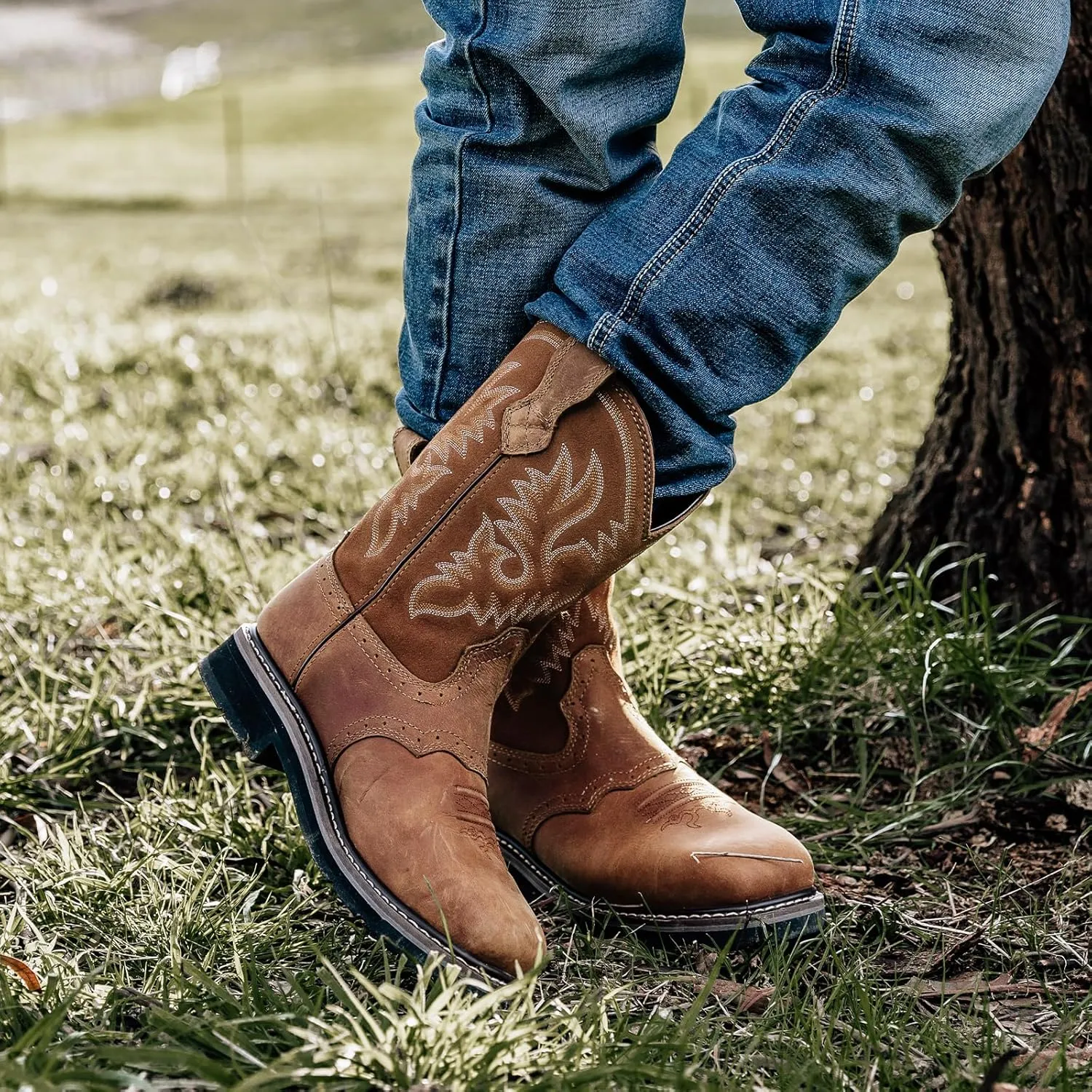 HISEA NINGO Men's Western Cowboy Boots Waterproof Square Toe Steel/Soft Toe Work Boots Men's Slip On Pull On Safety Toe Leather Work Boots for Construction Farming