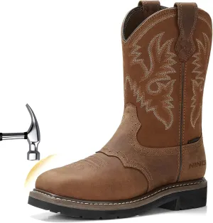 HISEA NINGO Men's Western Cowboy Boots Waterproof Square Toe Steel/Soft Toe Work Boots Men's Slip On Pull On Safety Toe Leather Work Boots for Construction Farming