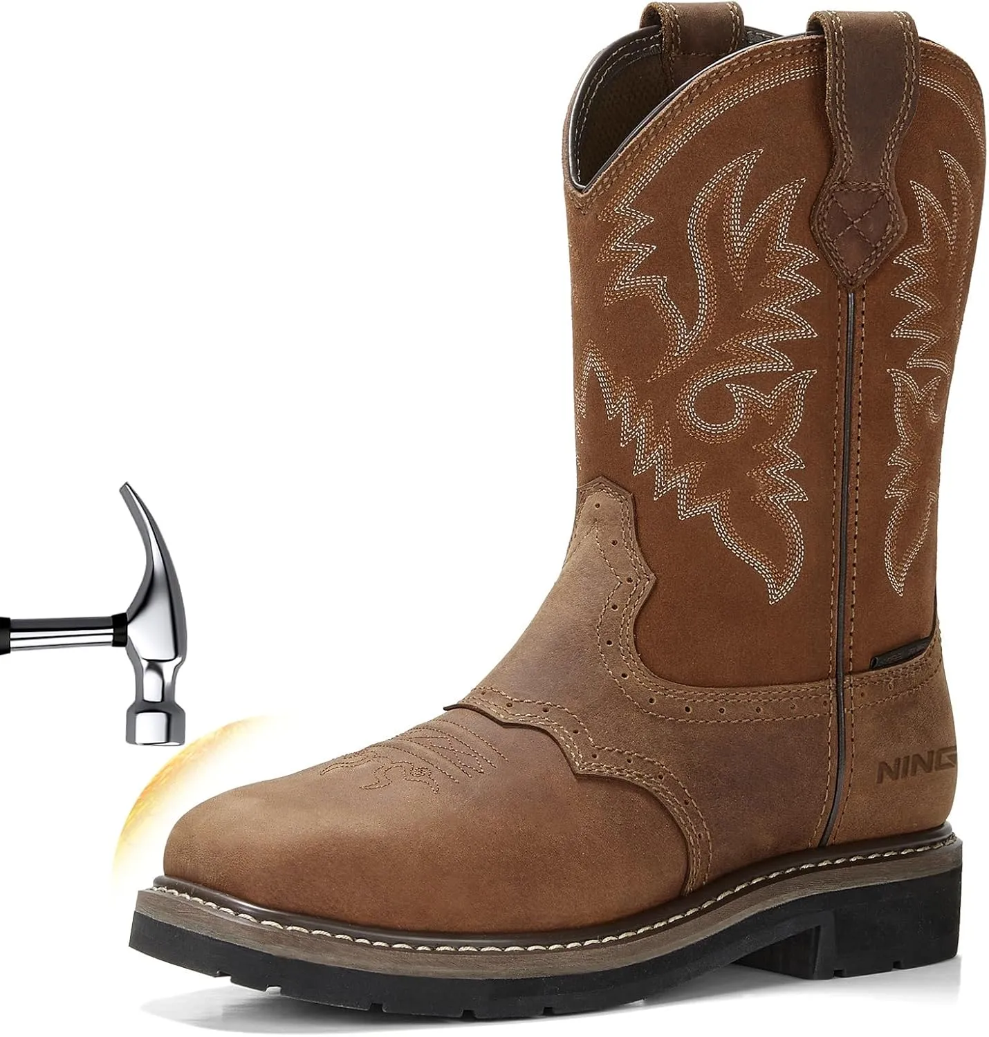 HISEA NINGO Men's Western Cowboy Boots Waterproof Square Toe Steel/Soft Toe Work Boots Men's Slip On Pull On Safety Toe Leather Work Boots for Construction Farming
