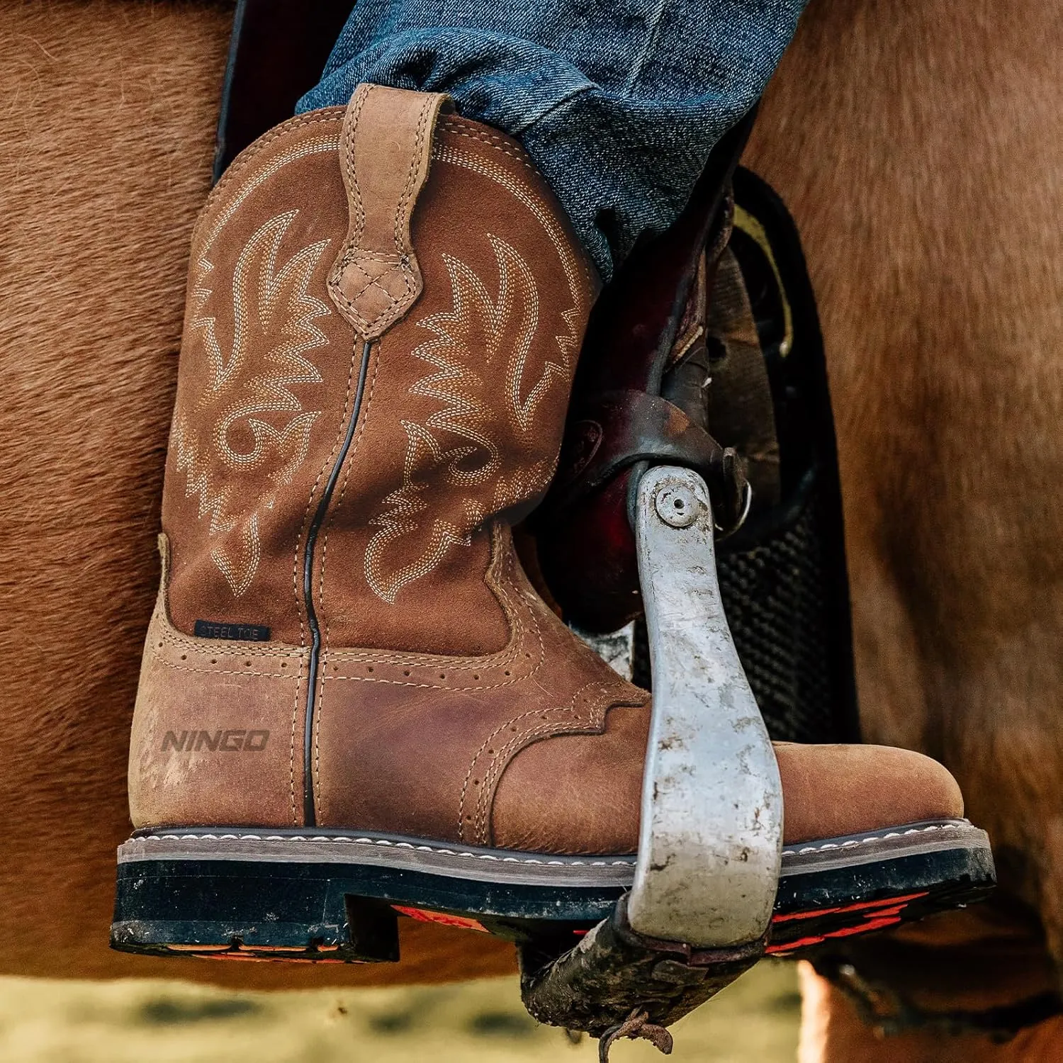 HISEA NINGO Men's Western Cowboy Boots Waterproof Square Toe Steel/Soft Toe Work Boots Men's Slip On Pull On Safety Toe Leather Work Boots for Construction Farming