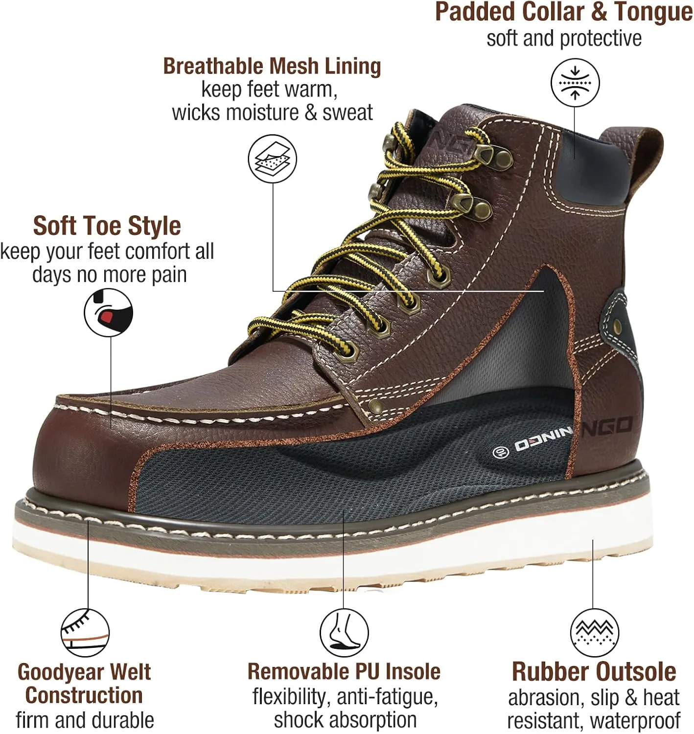 HISEA NINGO Work Boots for Men Steel/Soft Toe Boots, 6” Waterproof Slip Resistant Industrial & Construction Work Boots, Composite Toe Working Boots