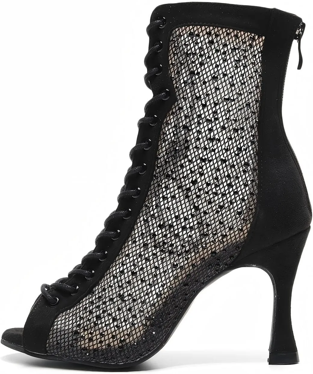 HROYL Women Peep Toe Mesh Lace up Ankle Boots Rhinestone Latin Ballroom Salsa Dancing Heels Boots,DS-7180