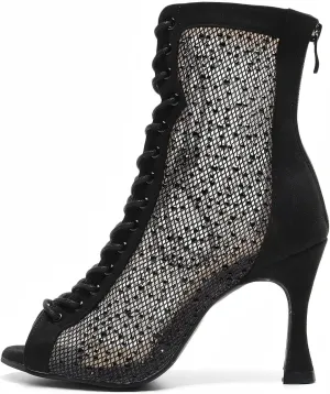 HROYL Women Peep Toe Mesh Lace up Ankle Boots Rhinestone Latin Ballroom Salsa Dancing Heels Boots,DS-7180