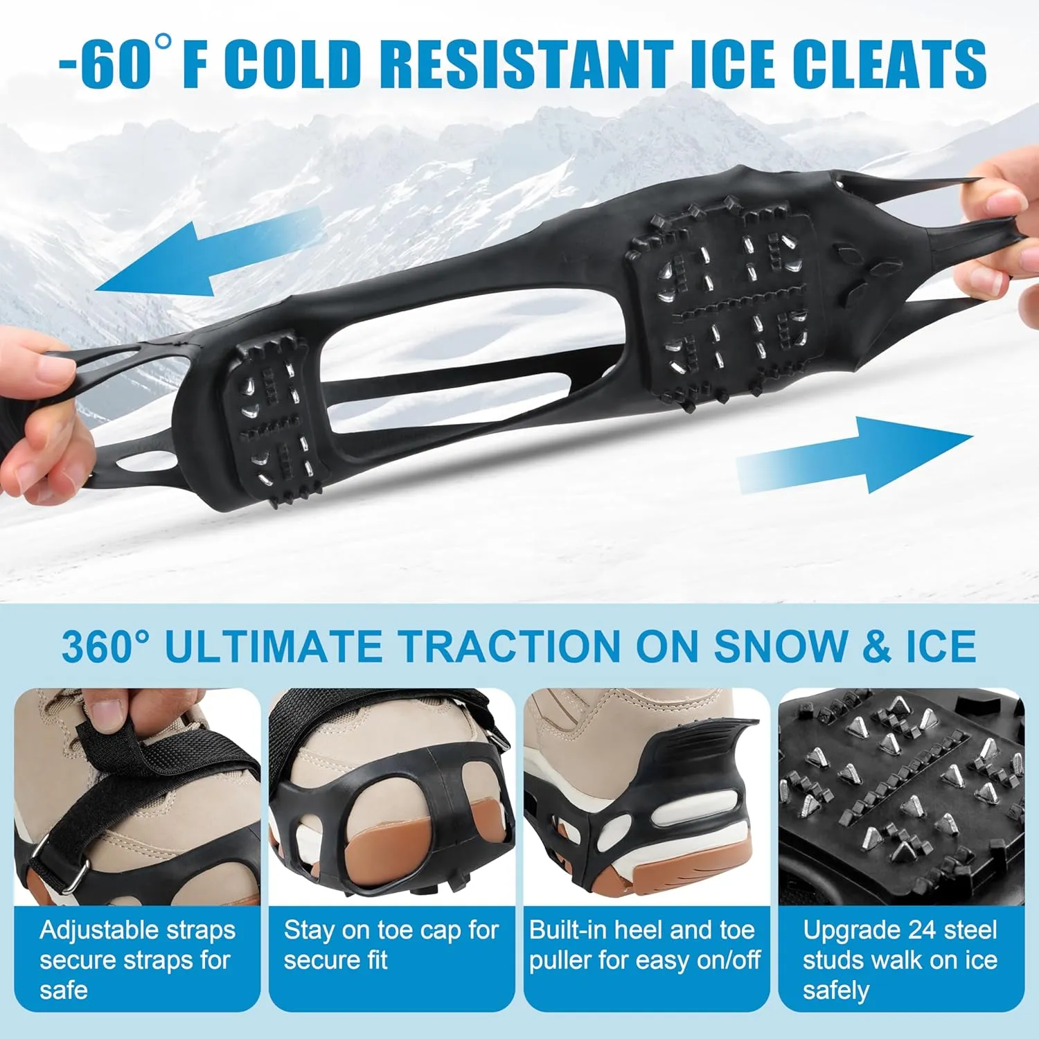 Ice Snow Cleats for Shoes and Boots - Traction Rubber Crampons With 24 Studs, Non-Slip Grippers Overshoe for Men, Women, Kids Walking on Ice