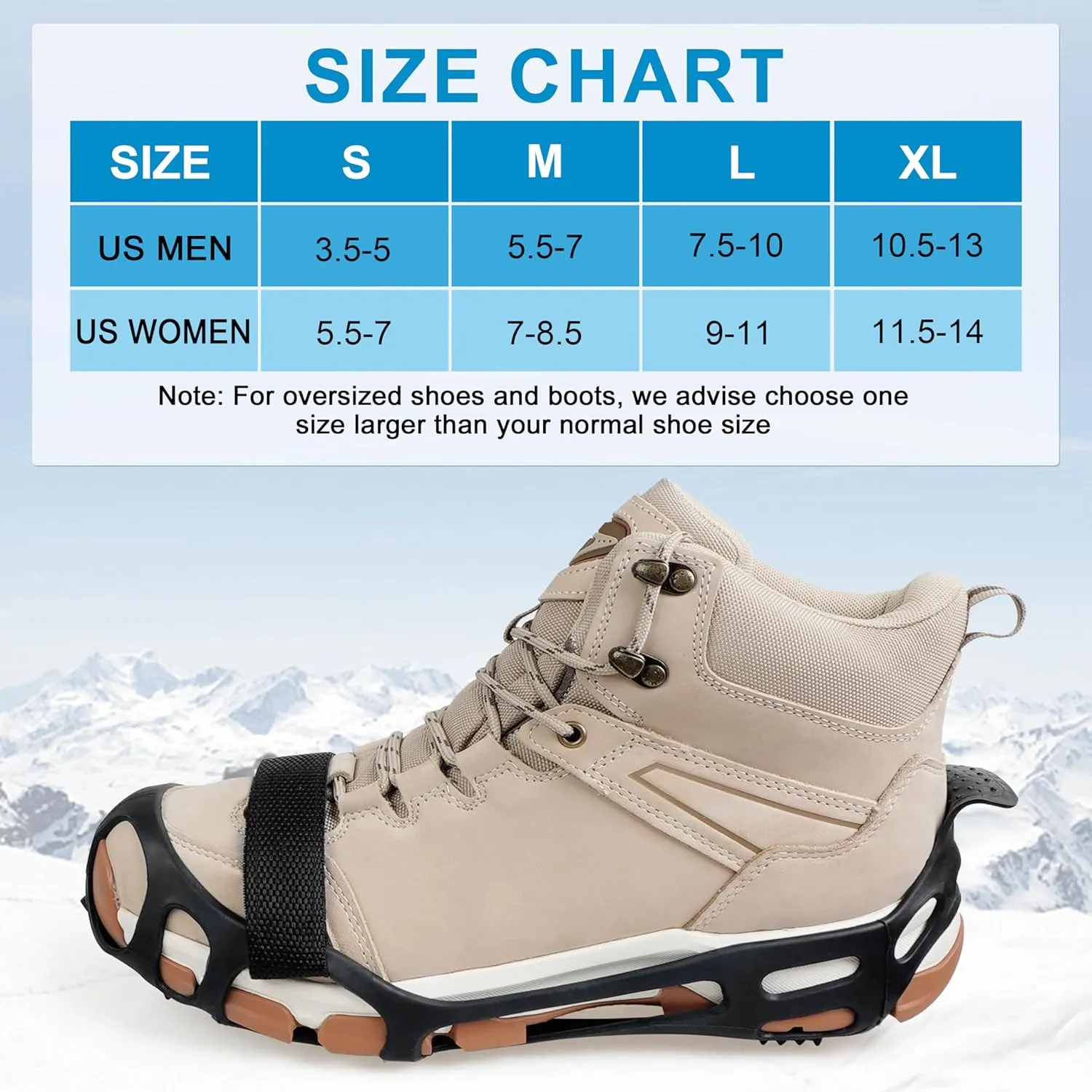 Ice Snow Cleats for Shoes and Boots - Traction Rubber Crampons With 24 Studs, Non-Slip Grippers Overshoe for Men, Women, Kids Walking on Ice