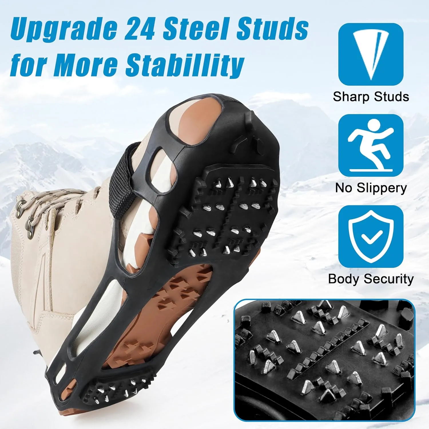 Ice Snow Cleats for Shoes and Boots - Traction Rubber Crampons With 24 Studs, Non-Slip Grippers Overshoe for Men, Women, Kids Walking on Ice