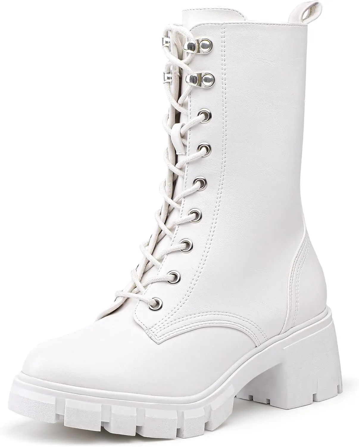 IDIFU IN3 Platform Combat Boots for Women Mid Calf Lace Up Boots Lug Sole Low Chunky Block Heel Boots Closed Round Toe Side Zipper Booties Fashion Thick Fall Heeled Boots-LOOSEN ALL LACES FIRSTLY