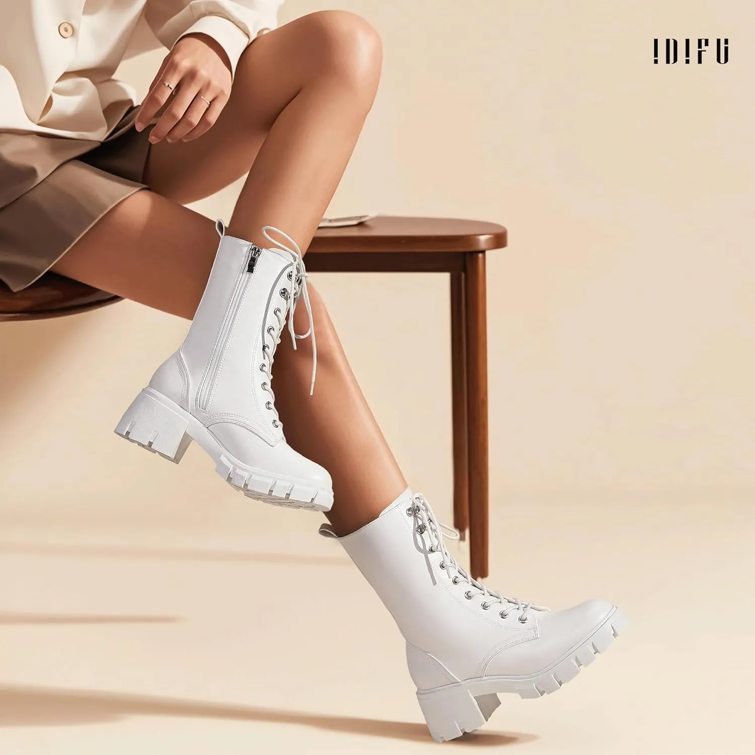 IDIFU IN3 Platform Combat Boots for Women Mid Calf Lace Up Boots Lug Sole Low Chunky Block Heel Boots Closed Round Toe Side Zipper Booties Fashion Thick Fall Heeled Boots-LOOSEN ALL LACES FIRSTLY