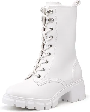 IDIFU IN3 Platform Combat Boots for Women Mid Calf Lace Up Boots Lug Sole Low Chunky Block Heel Boots Closed Round Toe Side Zipper Booties Fashion Thick Fall Heeled Boots-LOOSEN ALL LACES FIRSTLY