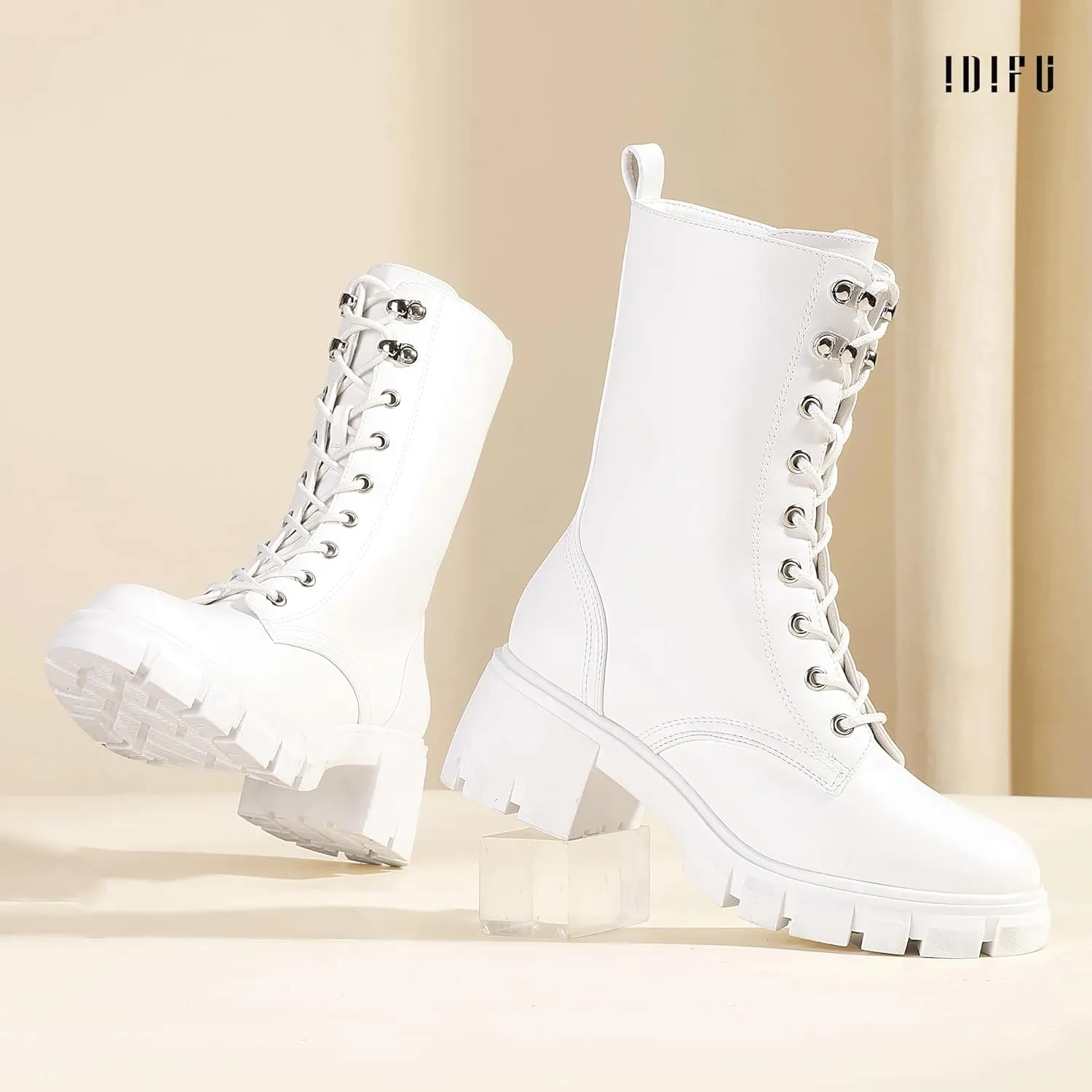 IDIFU IN3 Platform Combat Boots for Women Mid Calf Lace Up Boots Lug Sole Low Chunky Block Heel Boots Closed Round Toe Side Zipper Booties Fashion Thick Fall Heeled Boots-LOOSEN ALL LACES FIRSTLY