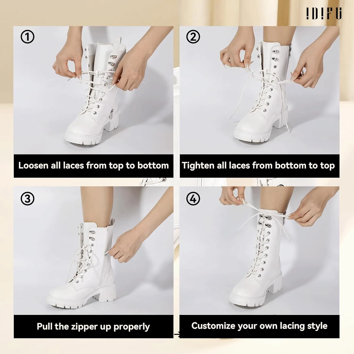 IDIFU IN3 Platform Combat Boots for Women Mid Calf Lace Up Boots Lug Sole Low Chunky Block Heel Boots Closed Round Toe Side Zipper Booties Fashion Thick Fall Heeled Boots-LOOSEN ALL LACES FIRSTLY