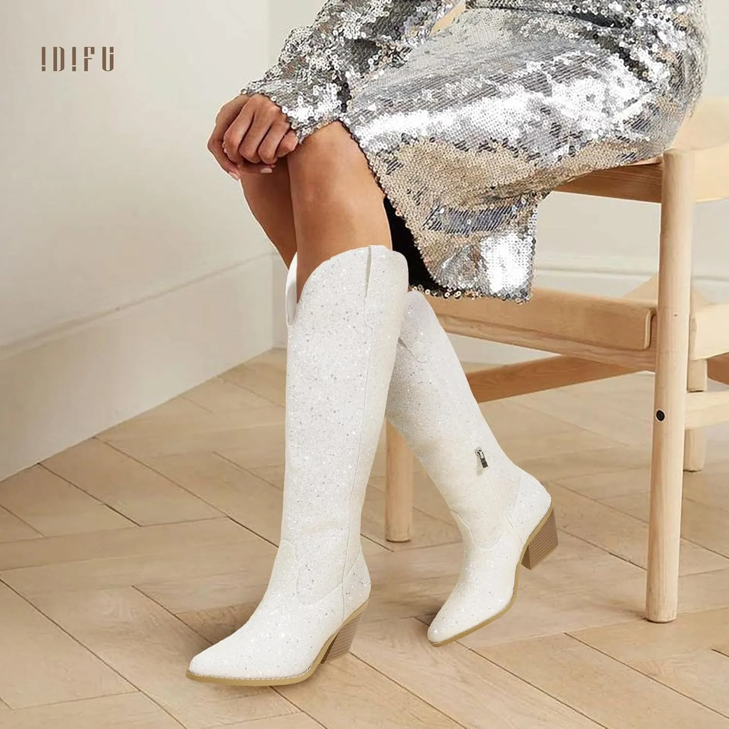 IDIFU IN3 Sparkly Cowboy Cowgirl Boots for Women Knee High Tall Long Glitter Dress Low Chunky Block Heel Sequin Sparkle Wedding Party Date Bride Ladies Bling Shiny Boots