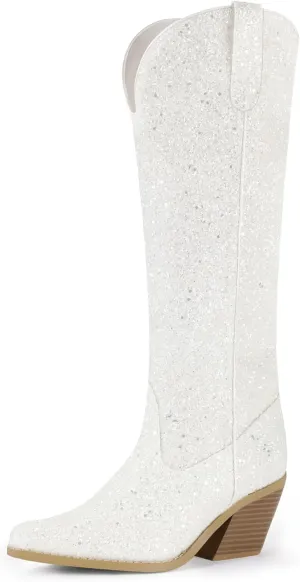 IDIFU IN3 Sparkly Cowboy Cowgirl Boots for Women Knee High Tall Long Glitter Dress Low Chunky Block Heel Sequin Sparkle Wedding Party Date Bride Ladies Bling Shiny Boots