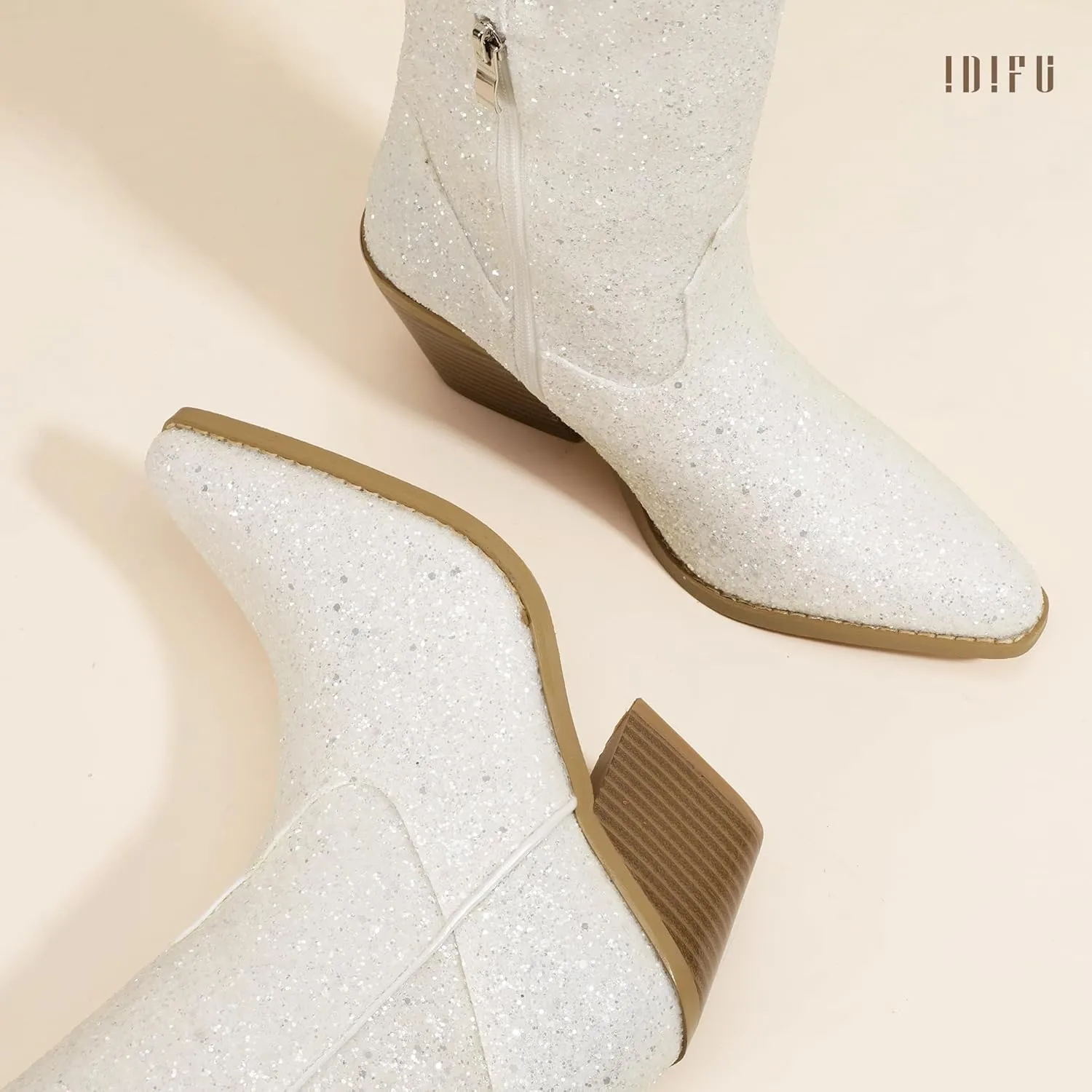 IDIFU IN3 Sparkly Cowboy Cowgirl Boots for Women Knee High Tall Long Glitter Dress Low Chunky Block Heel Sequin Sparkle Wedding Party Date Bride Ladies Bling Shiny Boots