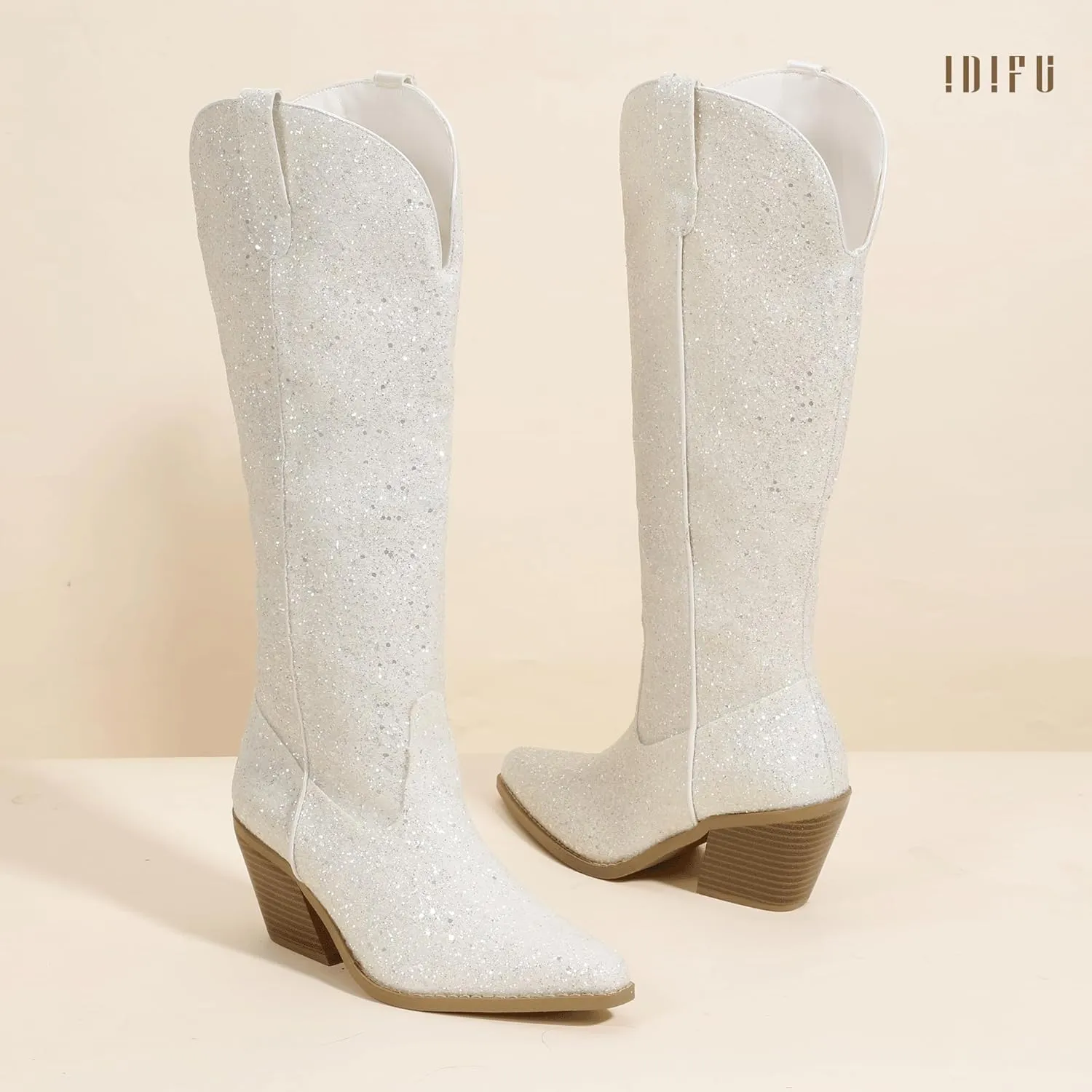 IDIFU IN3 Sparkly Cowboy Cowgirl Boots for Women Knee High Tall Long Glitter Dress Low Chunky Block Heel Sequin Sparkle Wedding Party Date Bride Ladies Bling Shiny Boots