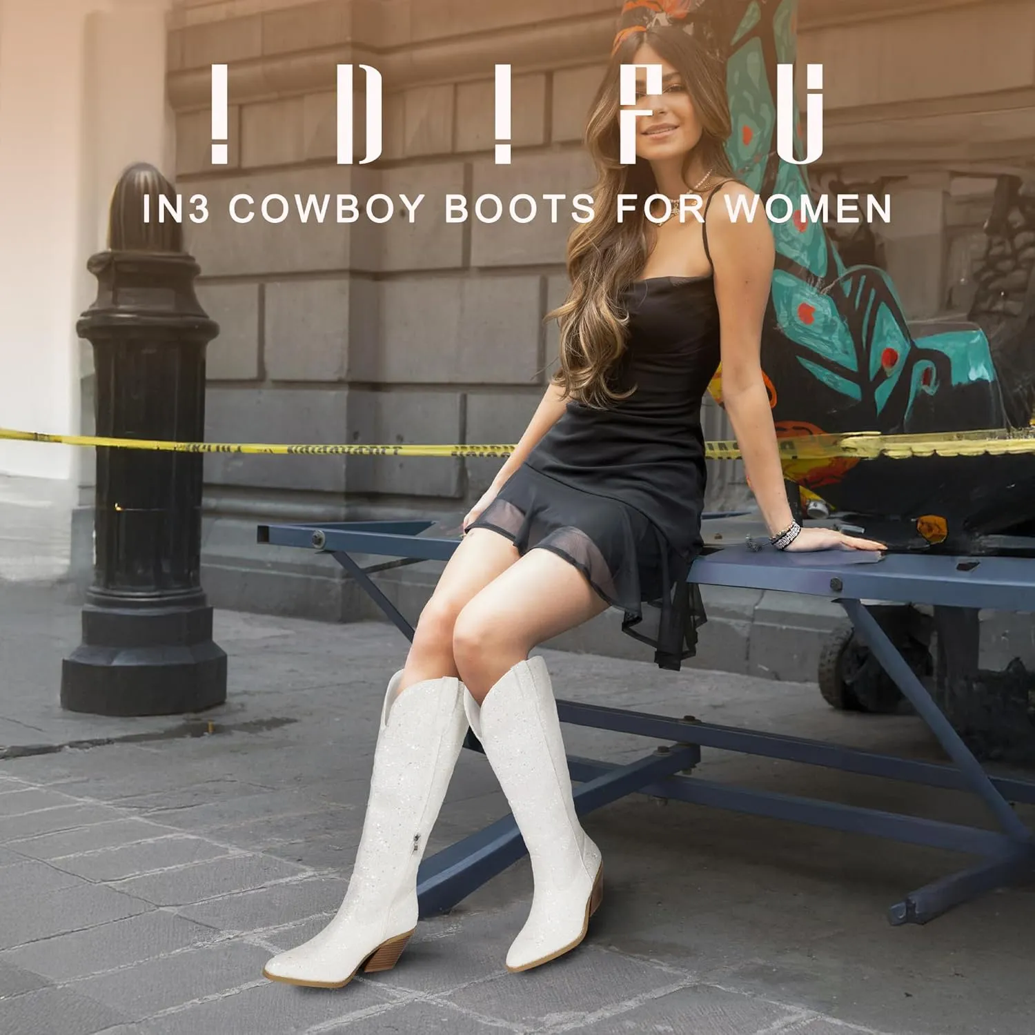 IDIFU IN3 Sparkly Cowboy Cowgirl Boots for Women Knee High Tall Long Glitter Dress Low Chunky Block Heel Sequin Sparkle Wedding Party Date Bride Ladies Bling Shiny Boots