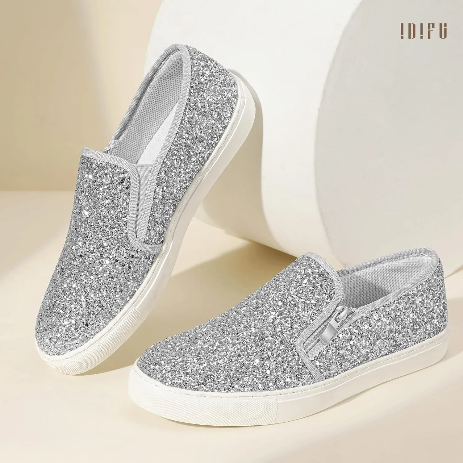 IDIFU Women's Glitter Sneakers Sparkly Sequin Slip On Tennis Shoes Ladies Bride Casual Comfortable Dressy Trendy Cute Fashion Sneakers Wedding Low Top Bling Flat Loafers Sneakers Shoes