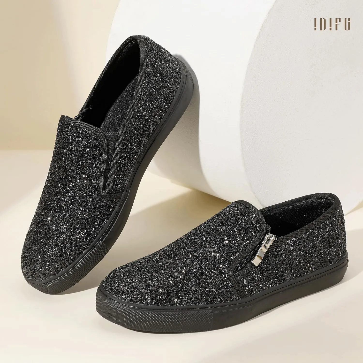 IDIFU Women's Glitter Sneakers Sparkly Sequin Slip On Tennis Shoes Ladies Bride Casual Comfortable Dressy Trendy Cute Fashion Sneakers Wedding Low Top Bling Flat Loafers Sneakers Shoes