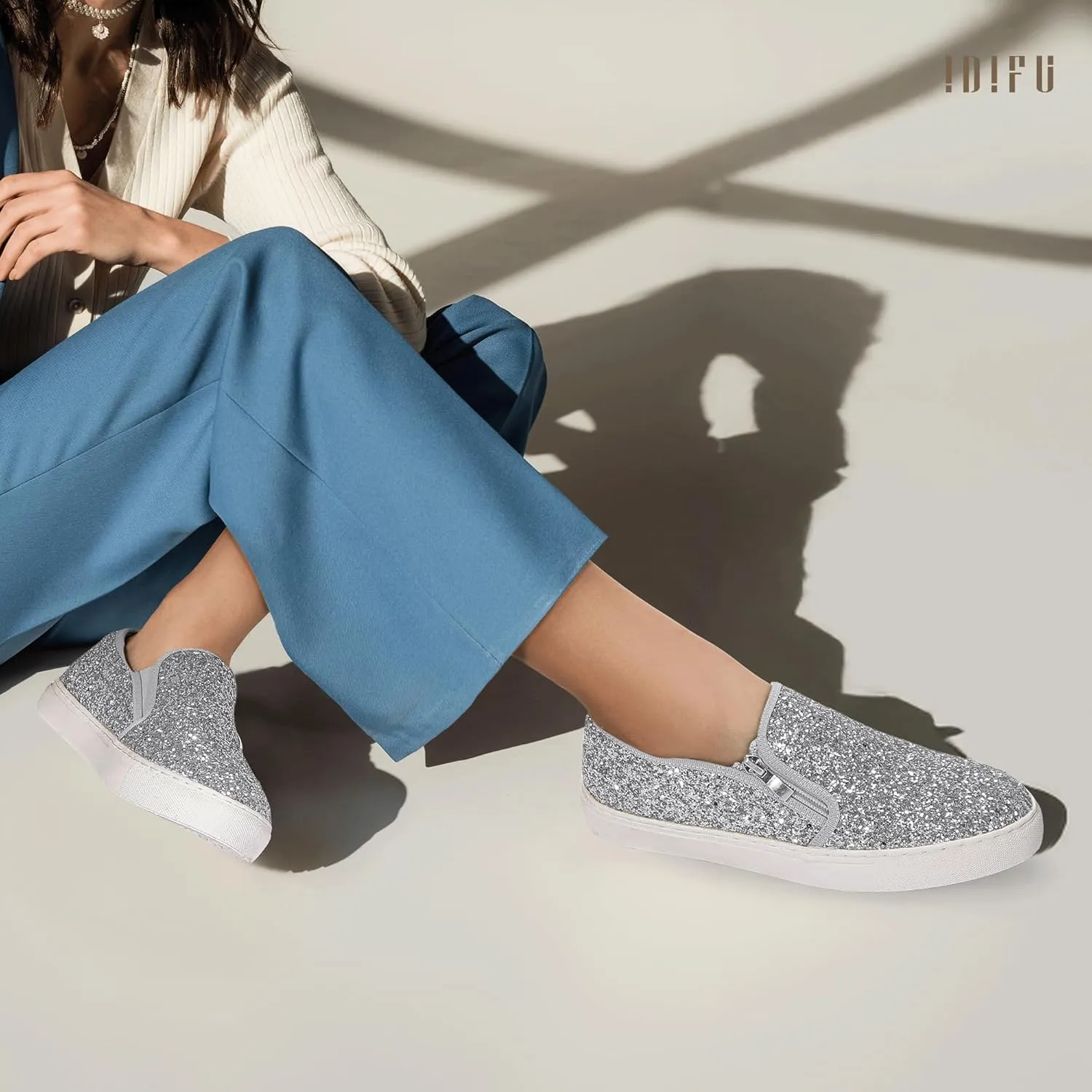 IDIFU Women's Glitter Sneakers Sparkly Sequin Slip On Tennis Shoes Ladies Bride Casual Comfortable Dressy Trendy Cute Fashion Sneakers Wedding Low Top Bling Flat Loafers Sneakers Shoes
