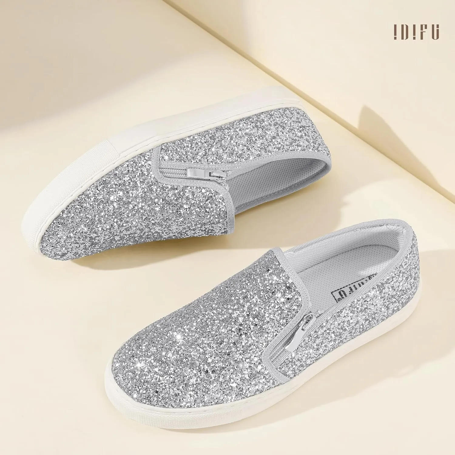 IDIFU Women's Glitter Sneakers Sparkly Sequin Slip On Tennis Shoes Ladies Bride Casual Comfortable Dressy Trendy Cute Fashion Sneakers Wedding Low Top Bling Flat Loafers Sneakers Shoes
