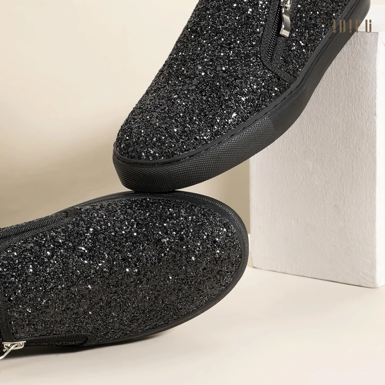IDIFU Women's Glitter Sneakers Sparkly Sequin Slip On Tennis Shoes Ladies Bride Casual Comfortable Dressy Trendy Cute Fashion Sneakers Wedding Low Top Bling Flat Loafers Sneakers Shoes