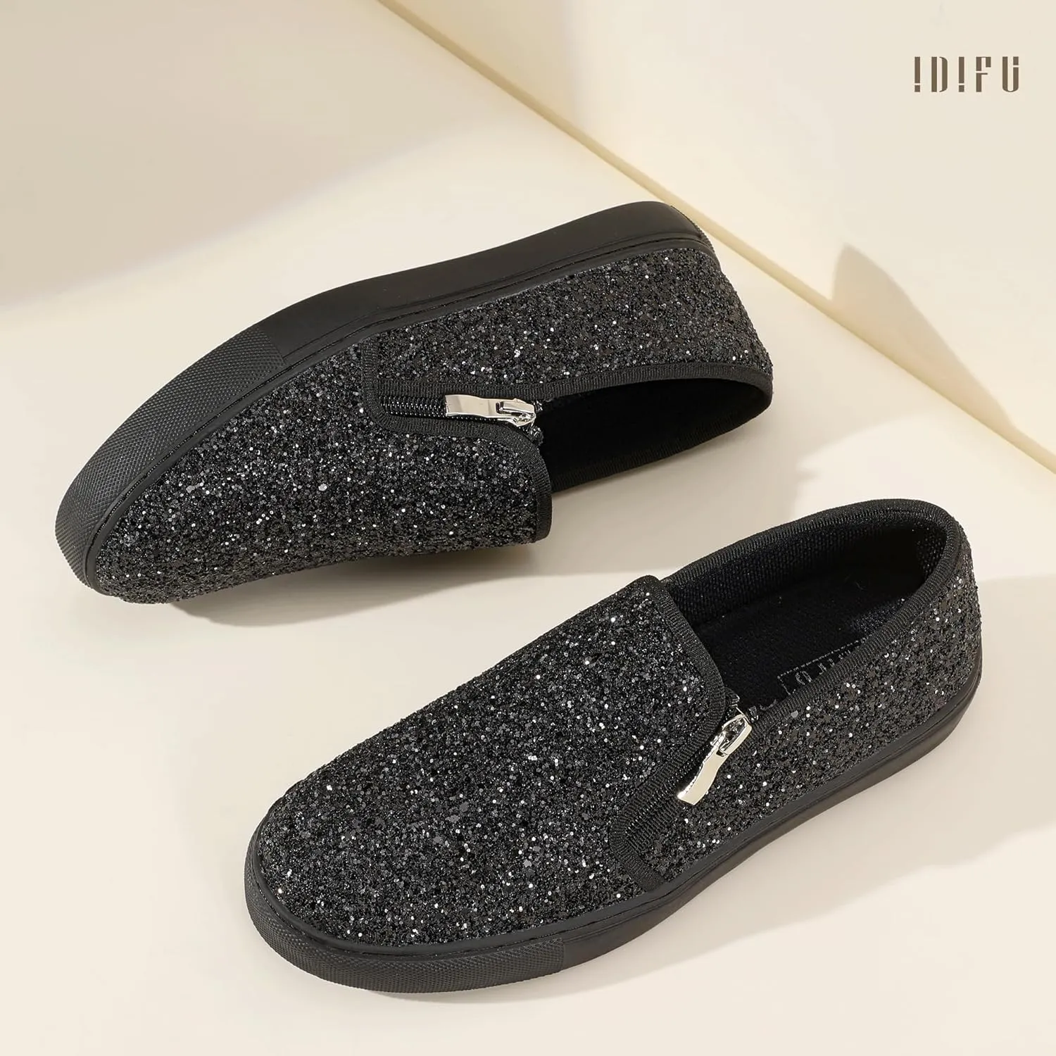 IDIFU Women's Glitter Sneakers Sparkly Sequin Slip On Tennis Shoes Ladies Bride Casual Comfortable Dressy Trendy Cute Fashion Sneakers Wedding Low Top Bling Flat Loafers Sneakers Shoes