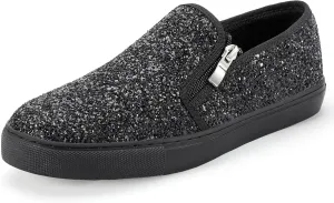 IDIFU Women's Glitter Sneakers Sparkly Sequin Slip On Tennis Shoes Ladies Bride Casual Comfortable Dressy Trendy Cute Fashion Sneakers Wedding Low Top Bling Flat Loafers Sneakers Shoes