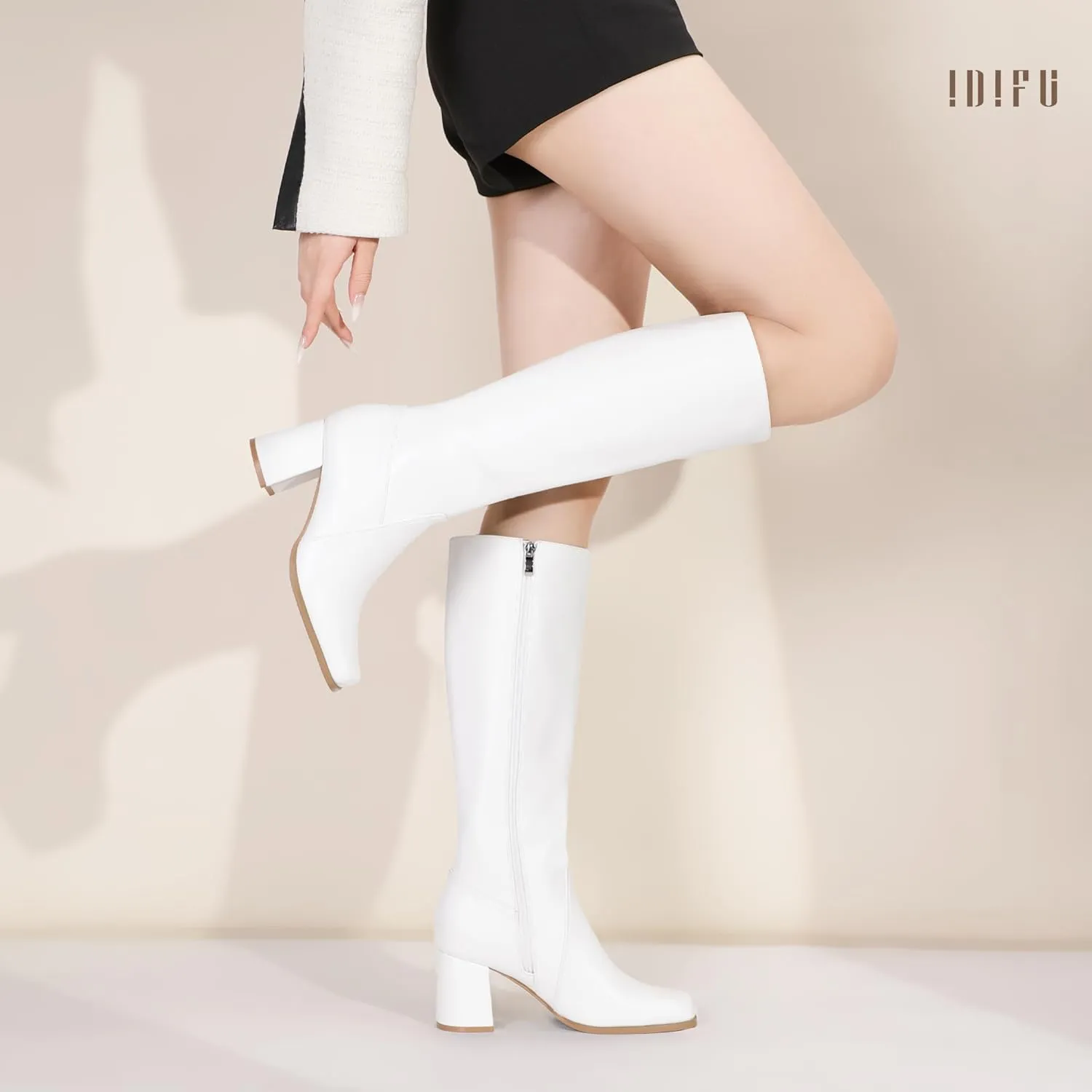 IDIFU Women's IN3 Knee High Boots Square Toe Gogo Tall Boots Low Short Chunky Block Heel Long Fall Boots Side Zipper for Women Ladies Dressy Comfortable Fashion Modern Pull On Small Heeled Boots