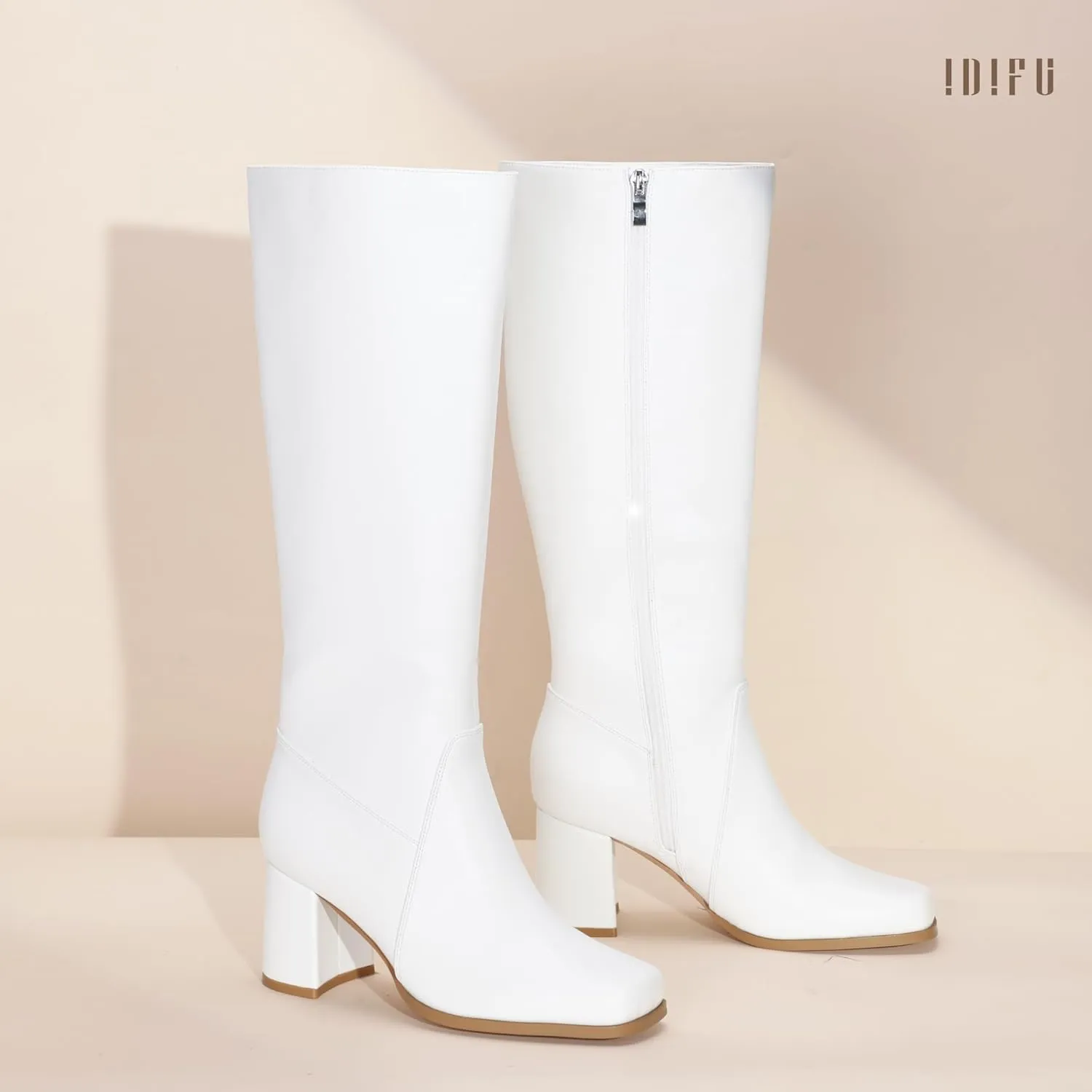 IDIFU Women's IN3 Knee High Boots Square Toe Gogo Tall Boots Low Short Chunky Block Heel Long Fall Boots Side Zipper for Women Ladies Dressy Comfortable Fashion Modern Pull On Small Heeled Boots