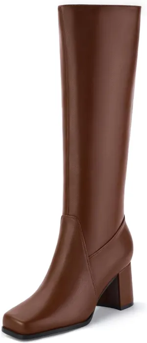 IDIFU Women's IN3 Knee High Boots Square Toe Gogo Tall Boots Low Short Chunky Block Heel Long Fall Boots Side Zipper for Women Ladies Dressy Comfortable Fashion Modern Pull On Small Heeled Boots