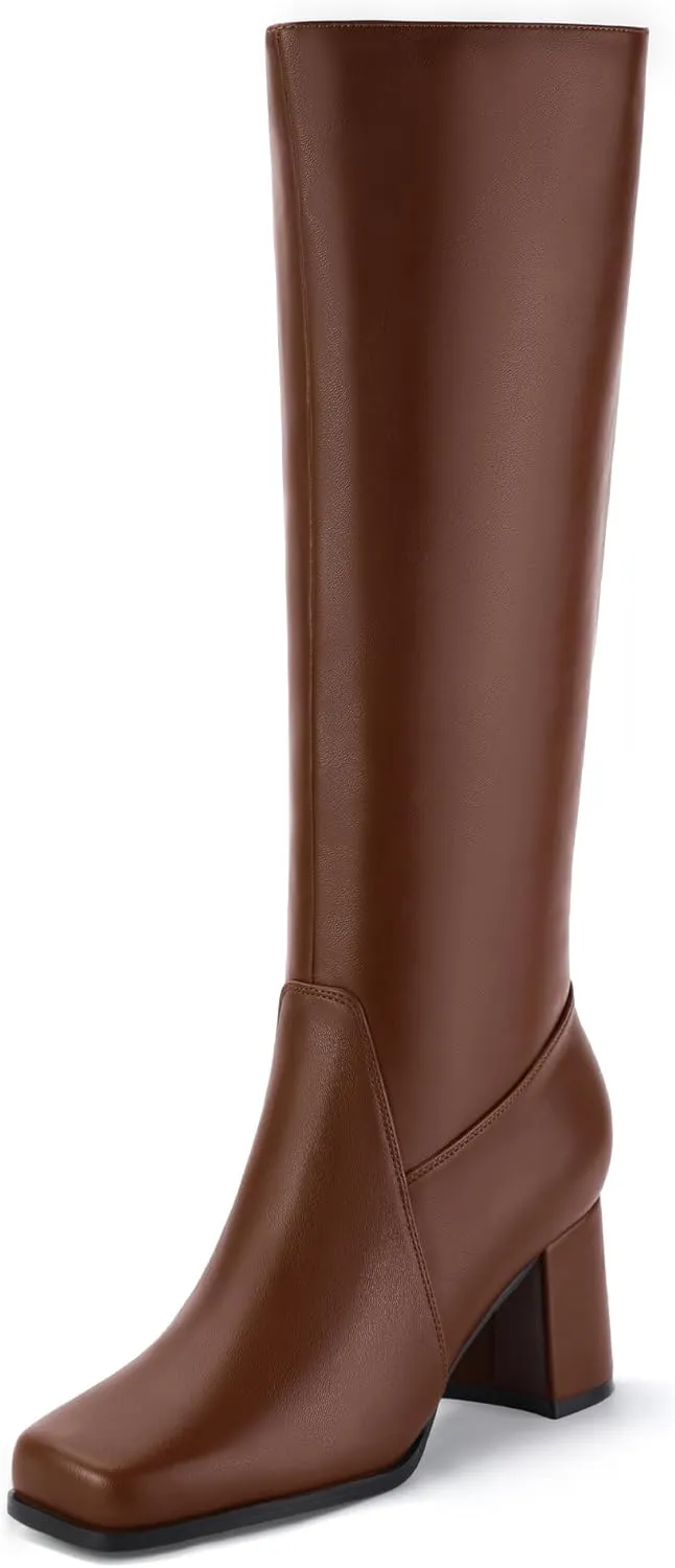 IDIFU Women's IN3 Knee High Boots Square Toe Gogo Tall Boots Low Short Chunky Block Heel Long Fall Boots Side Zipper for Women Ladies Dressy Comfortable Fashion Modern Pull On Small Heeled Boots